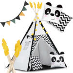 Nukido Cort pentru copii, Nukido Tipi, model Panda, 120 x 120 x 160 cm, alb-negru, cu ghirlandă și șir de lumini, 2 perne, covoraș termoizolant