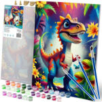 Massido Set pictură pe numere, Massido, model dinozaur, 40 x 50 cm, multicolor, pe pânză, cu pensule și vopsele pe bază de apă, cu agățători pentru perete