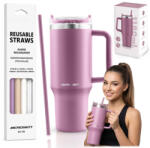 Berdsen Termos, Berdsen, 1180 ml, roz, oțel inoxidabil, cu pai, pentru băuturi calde și reci, 378901 cu set de 4 paie