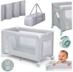 Ricokids Pătuț de voiaj pentru copii, Ricokids RK-240, gri-mentă, 125 x 65 cm, înălțime: 78 cm, intrare laterală detașabilă, 2 roți cu frână, pliabil, cu saltea, greutate maximă admisă: 15 kg