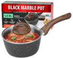 Magic home Cratiță cu mâner, MagicHome Black Marble Line, 16 cm, 1, 3 l, negru, marmură, cu capac de sticlă, antiaderentă, pentru inducție, mâner ergonomic cu aspect de lemn