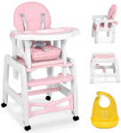 RicoKids Scaun de hrănire, Ricokids Sinco, roz, cu bavetă, spătar rabatabil, tavă dublă detașabilă, 4 picioare cu roți, 2 roți cu frână, centură de siguranță în 5 puncte, transformabil în masă și scaun, capaci Scaun de masa bebelusi, inaltator