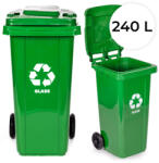 MULTISTORE Container de deșeuri din plastic, pubelă selectivă de exterior, Multistore MO-240G-9-K, 240 l, verde, pentru deșeuri de sticlă, roți cauciucate, rezistentă la UV, plastic HDPE, capac cu încuietoare
