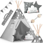 Nukido Cort pentru copii, Nukido Tipi, cu ghirlandă luminoasă, 120 x 120 x 165 cm, gri, model cu stele, bețe din lemn de pin, 3 perne, stabilizator, husă de transport