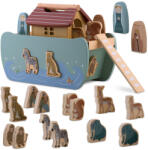 Nukido Set de jucării din lemn, Nukido NK-862, Arca lui Noe, lemn, culori pastel, de inspirație Montessori, sortator de forme, cu figurine de animale