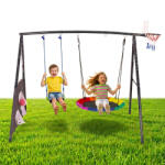 ECOTOYS Leagăn cuib pentru copii cu stativ, ECOTOYS JSP-SWD, set de joacă 4 în 1, 244 x 168 x 216 cm, leagăn cuib 100 cm, leagăn cu șezut plat, inel de baschet, pompă și 2 mingi, capacitate de încărcare: 140  Leagan