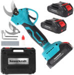Bauerkraft Foarfecă de tăiat crengi cu acumulator, Bauerkraft H-605, albastru, 2 x 21 V 1, 5 Ah Li-Ion, 600 W, până la 30 mm grosime, tăiere în două trepte, blocare de siguranță, valiză și accesorii, cu acumulat Foarfeca de gradina