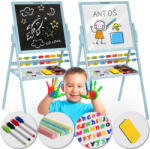 Ricokids Tablă de desen magnetică, Ricokids, albastră, 101 x 54 x 55 cm, cu două fețe (magnetică și pentru cretă), rotativă, din lemn, cu abac, cu accesorii
