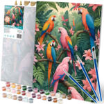 Massido Set pictură după numere, Massido, model Papagali, 40 x 50 cm, multicolor, pânză numerotată, cu 3 pensule și vopsele pe bază de apă, cu agățători