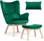 Sofotel Fotoliu cu suport pentru picioare, Sofotel Norse, verde, cu taburet, design cu urechi (wingback), tapițat, lemn de fag, picioare cu protecții din fetru, pernă cu husă detașabilă, stil scandinav
