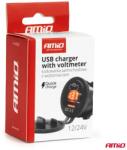 AMiO Autós töltő USB + USB-C kapcsolóval és voltmérővel QC3.0 12/24V vízálló