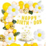 Sprinlot XXL Százszorszép Fólia Lufi Szett Happy Birthday Girlanddal, Fehér Sárga Virágos Parti Dekoráció Lányoknak, Születésnap, Esküvő, Ba