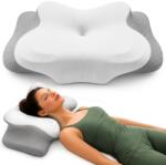 Linomag Perna Ortopedica Cervicala pentru dormit Linomag®, Spuma cu Memorie, Suport Gat, Umeri si Brate, Husa Lavabila, pentru Dormit pe Lateral și pe Spate, Gri/Alb, 62 x 37 x 9-14 cm (pdgia)