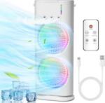  3 Az 1 Ben Asztali Ventilator Permetezo Es Parasitó Funkcioval, 2 Független Lapattal, 3 Sebessegfokozattal, 7 Szinu LED Vilagitassal, Oszcillalassal, Időzitővel, USB Ujratoltheto, Feher