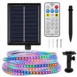VG 5 méteres kültéri vízálló IP65 LED szalag napelemes tápegységgel, RGB színes, távirányító, Időzíthető 4/6/8 órás működés, 8 féle fényjátékkal (12470)