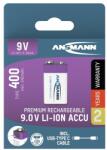 ANSMANN akku, Li-ion, Lítium, E típusú 9 V, 400 mAh, Mérőműszerekhez is, USB-C kábellel tölthető, 1 db 1315-0005 (1315-0005)