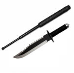Depox Set Cuțit Outdoor cu Lamă Fixă Bowie + Baston Telescopic din Oțel, Accesorii și Huse Incluse, 39, 5 cm/64 cm (2443)