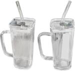 Flippy Pahar pentru Racoritoare, Flippy, din Sticla, 330 ml, cu Pai si Maner, Model Clear Dungi Verticale, Transparent (161208) Pahar