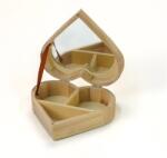  Fa doboz szív alakú 15x15x4cm, belül tükrös, 3 rekeszes csatos