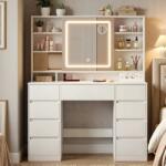 Brius Masa de toaleta Kailyn cu oglinda LED, 9 sertare, MDF, priza incorporata, oglinda zoom detasabila, 110x40x142 cm, alb (EZ-RDT137WB01)