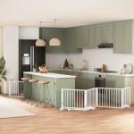 vidaXL Poartă câini pliabilă cu ușă, 6 panouri, alb, 480 cm, lemn plop - kidspaws - 505,77 RON
