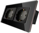 Luxion Priza dubla cu rama din sticla neagra Luxion, design modern (LX-2MP010G-B)
