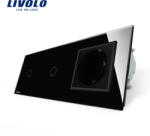 LIVOLO Intrerupator touch dublu cu priza Livolo, panou din sticla neagra (VL-C701/C701/C7-C1EU-12)