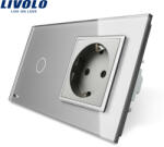 LIVOLO Intrerupator simplu cap scara / cap cruce + priza simpla Livolo rama din sticla (VL-C701S-12/C7-C1EU-15)