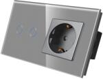Luxion Intrerupator dublu cu priza si rama din sticla gri Luxion (LX-ST-201/MP010-GY)