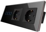 Luxion Intrerupator triplu cu 2 prize si rama din sticla neagra Luxion (LX-ST-301/2MP010-B)