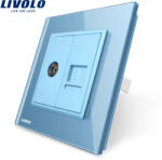 LIVOLO Priza dubla TV + telefon Livolo cu rama din sticla albastra (VL-C791VT-19)