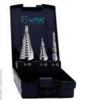 witec RISTA lépcsős lemezfúró készlet, spirálhornyolt, keresztélezéssel, HSS-Co5% (M35) gyorsacélból, 4-12 / 4-20 / 6-30 mm (B0009876)