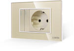 Luxion Intrerupator dublu cu priza si rama din sticla aurie Luxion, standard italian 3M (LXI-011/045GF-G)