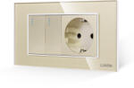 Luxion Intrerupator dublu cu priza Luxion, rama din sticla, auriu, standard italian 4M (LXI-2008/045GF-G)