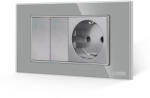 Luxion Intrerupator dublu cu priza si rama din sticla Luxion, standard italian, 4M, gri (LXI-2008/045GF-GY)