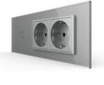 LIVOLO Intrerupator simplu cu 2 prize Livolo, rama din sticla gri, standard italian 6M (VL-FC1/2FCTC-6I)