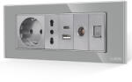 Luxion Priza Schuko + Ingusta + Dubla USB + TV + Internet cu Rama Din Sticla LUXION, Standard Italian, 6M (LXI-045/52/47/32/38GF-GY)