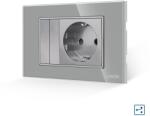 Luxion Intrerupator dublu cap scara cu priza, rama din sticla, gri, Luxion 3M (LXI-012/045GF-GY)
