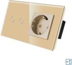 Luxion Intrerupator dublu cap scara/cruce cu priza si rama din sticla Luxion, auriu (LX-MT-A202/MP010-G)