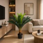  Palmier artificial decorativ cu 18 frunze, 95 cm, verde, cu ghiveci inclus (AT1CT-IM1P-PL1D-TS18095)