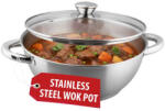 Magic home Tigaie wok, MagicHome Chloe, 26 cm, 5 L, argintiu, cu capac de sticlă, inox 304, bază triplă, pentru toate plitele, lavabilă la mașina de vase