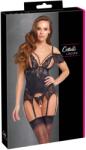 Cottelli LINGERIE Corset Tip Basque Perle Negru cu Dantelă Lanțuri cu Perle și Tanga - Negru , M
