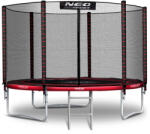 Neo-Sport Kerti trambulin, Neo-Sport, fekete/piros, átmérő: 312 cm, kerek, magasság: 65 cm, 180 cm külső védőháló, létra, acél váz, 3 dupla láb, 150 kg teherbírás, 54 db rugó, fekete oszlopok (TENS-10Z241)