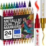 ARTISTRO 24 db Metálfényű Akril Marker Készlet - Dual Tip Ecset és Finom Hegy - Szövetre, Kőre, Üvegre, Fára - Brush + Fine Metallic