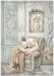 STAMPERIA Decoupage rizspapír A/4 White Christmas Cozy Bear (DFSA41143)