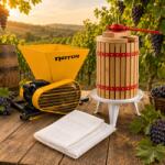 ROTOR Zdrobitor Struguri Electric ROTOR HGP-60, 750W, cuva 28L, 550 kg/h + Teasc 18L din Lemn de Stejar si Baza de Fonta Emailata + Sac pentru Filtrare Cadou (HGP60S18L)