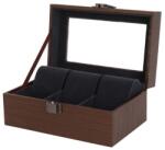 Alfa Cutie Depozitare 3 Ceasuri - Lemn Texturat Maro - Interior Negru - Pernițe Incluse - 17.5x11x8 cm (W103)