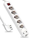 V-TAC Priza multipla V-TAC cu 5 socketi, 2 USB, 1.5m cablu, culoare alba (80256301)