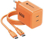 Forcell F-Energy VT-60 2xUSB-C hálózati töltő adapter USB-C kábellel, GaN3, 60W, narancs