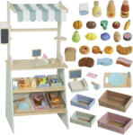 AIYAPLAY Supermarket pentru copii 34 pcs, tejghea din lemn, tablă neagră, casă de marcat și accesorii, 40x30x92, 5cm, verde | Aosom Romania (350-199V00GN)